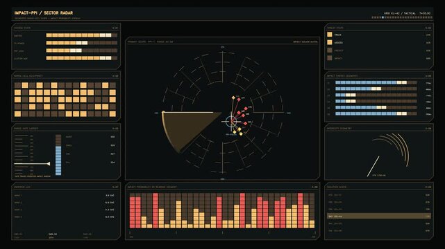 This scene features a dynamic data visualization display showing various charts and a radar interface. The graphics present information in an organized format with colorful elements