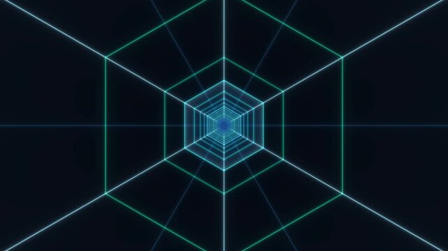 Lines in various colors create a 3D geometric pattern that moves inward. The design shifts perspective, giving depth and dimension to the visuals in a dark background