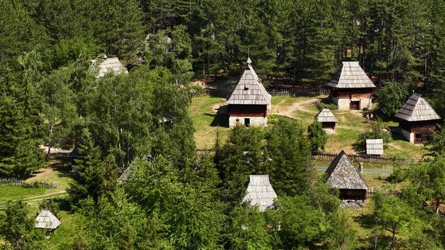 Drone Shot of Sirogojno Serbia Old Village Houses, Open Air Museum on Zlatibor Mountain
