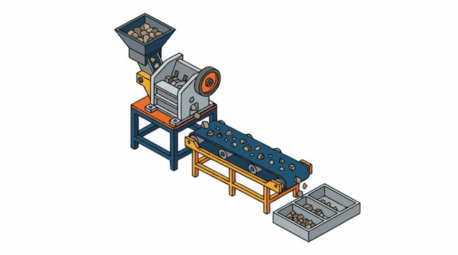 Industrial conveyor belt system with hopper and motor.