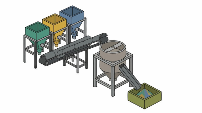 Industrial conveyor system with hoppers and processing equipment.