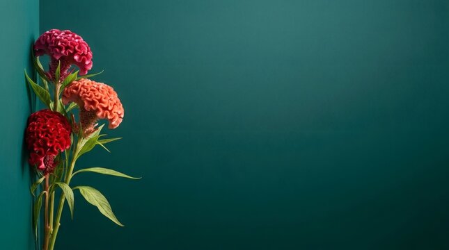 Vibrant Cockscomb Flowers Against Teal Wall with Copy Space