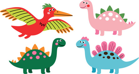 Cute Cartoon Dinosaurs Set, Kawaii Prehistoric Animals Pterodactyl Brachiosaurus Stegosaurus and Triceratops Vector Flat Symbols © Fahim