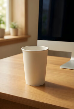 Sustainability and eco friendly lifestyle, blank white paper cup on a wooden office desk with computer monitor for branding and mockup design purposes