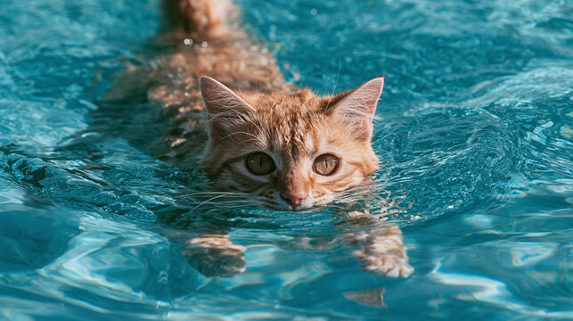 Cute domestic cat Felis catus ginger tabby pet swim in cool blue pool water