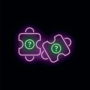 Two neon puzzle pieces presenting a question representing challenge and problem solving
