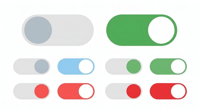 Modern UI/UX toggle switch vector set for on/off control in digital interfaces.