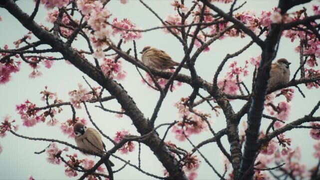 Three Eurasian tree sparrows perch among the branches of a cherry blossom tree along the Itokawa River in Atami, Japan.