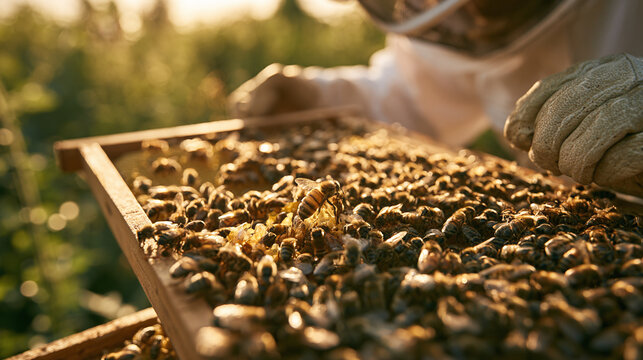 Beekeeper Apis mellifera holding wooden frame with honey bee swarm comb