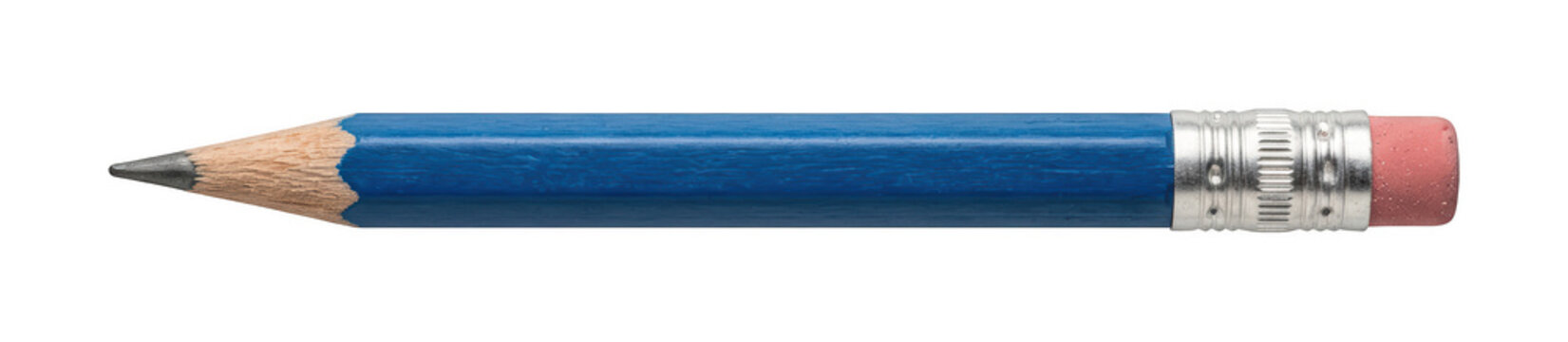 Classic wooden pencil with blue paint and pink eraser isolated for stationery designs