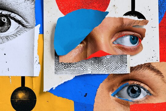 Collage of three blue human eyeballs peeking through torn paper pieces with polka dot patterns and abstract colorful shapes on a background.