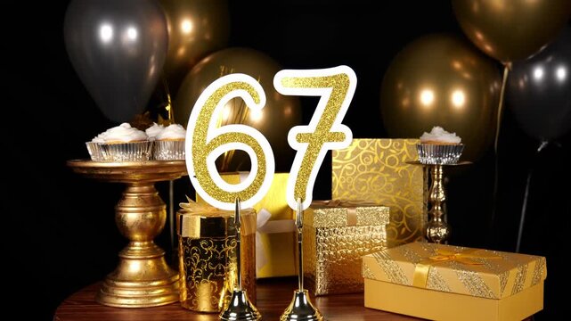 Gold Number 67 with Gold Glitter Sparkles with Gifts and Balloons and Cupcakes for Party Sixty Seven