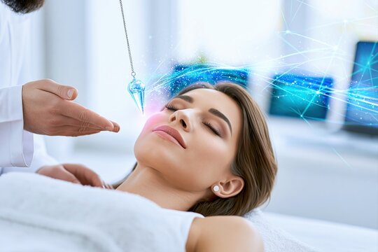 Woman receiving hypnosis treatment with pendulum therapy for stress relief therapy and focus