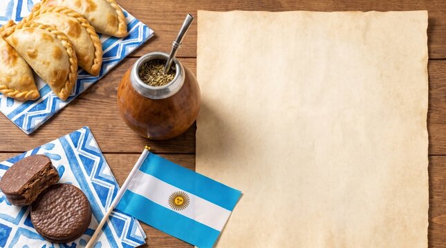 Argentinean food and flag on a wooden table with blank paper for text or design with empanadas and alfajores