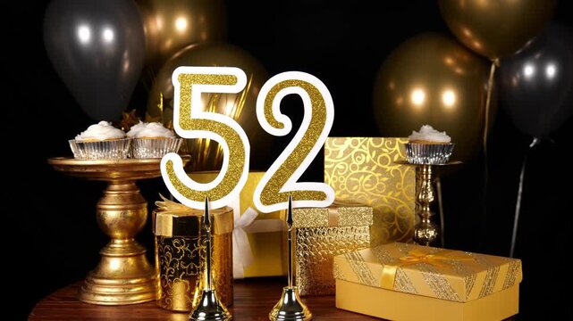 Gold Number 52 with Gold Glitter Sparkles with Gifts and Balloons and Cupcakes for Party Fifty Two