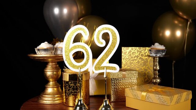 Gold Number 62 with Gold Glitter Sparkles with Gifts and Balloons and Cupcakes for Party Sixty Two