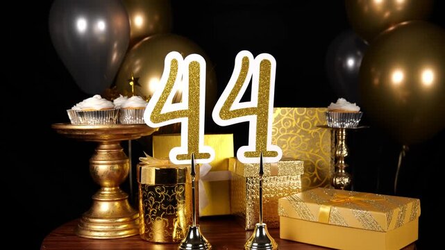 Gold Number 44 with Gold Glitter Sparkles with Gifts and Balloons and Cupcakes for Party Forty Four