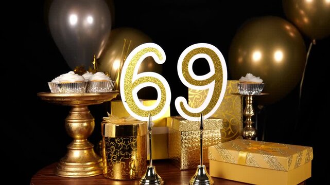 Gold Number 69 with Gold Glitter Sparkles with Gifts and Balloons and Cupcakes for Party Sixty Nine