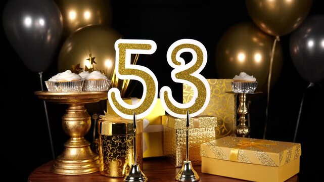 Gold Number 53 with Gold Glitter Sparkles with Gifts and Balloons and Cupcakes for Party Fifty Three