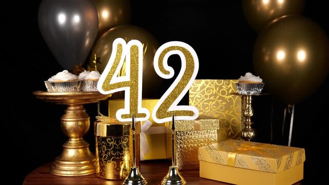 Gold Number 42 with Gold Glitter Sparkles with Gifts and Balloons and Cupcakes for Party Forty Two
