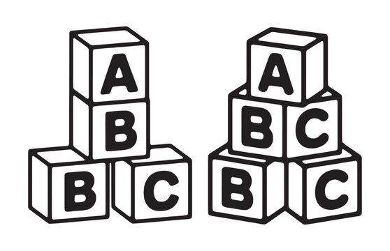 Isometric alphabet blocks in perspective view showing stacked abc toy cubes for early development.