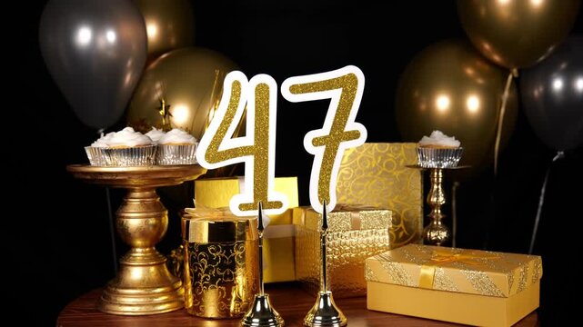 Gold Number 47 with Gold Glitter Sparkles with Gifts and Balloons and Cupcakes for Party Forty Seven