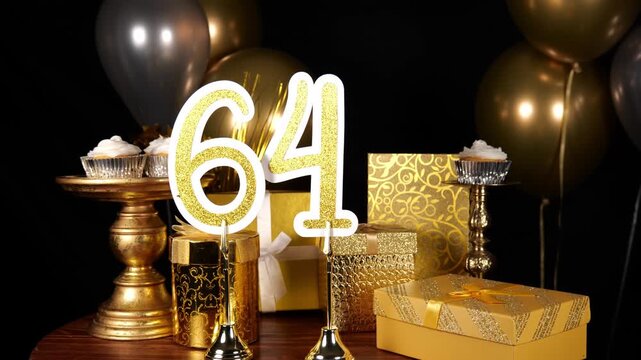 Gold Number 64 with Gold Glitter Sparkles with Gifts and Balloons and Cupcakes for Party Sixty Four