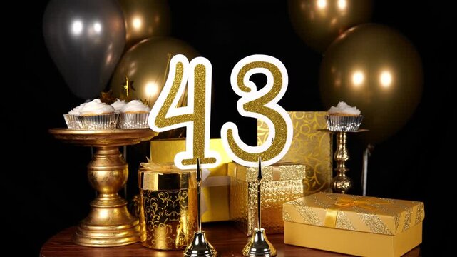 Gold Number 43 with Gold Glitter Sparkles with Gifts and Balloons and Cupcakes for Party Forty Three
