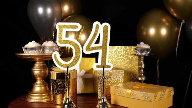 Gold Number 54 with Gold Glitter Sparkles with Gifts and Balloons and Cupcakes for Party Fifty Four