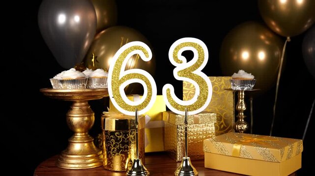 Gold Number 63 with Gold Glitter Sparkles with Gifts and Balloons and Cupcakes for Party Sixty Three