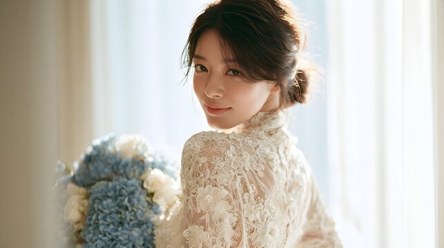 Radiant young bride wearing intricate lace wedding dress holding soft blue hydrangea flowers while looking back with gentle natural lighting