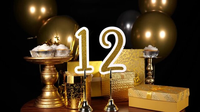 Gold Number 12 with Gold Glitter Sparkles with Gifts and Balloons and Cupcakes for Party Twelve
