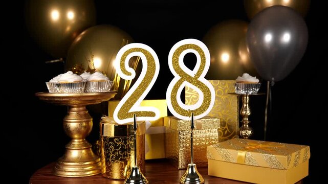 Gold Number 28 with Gold Glitter Sparkles with Gifts and Balloons and Cupcakes for Party Twenty Eight
