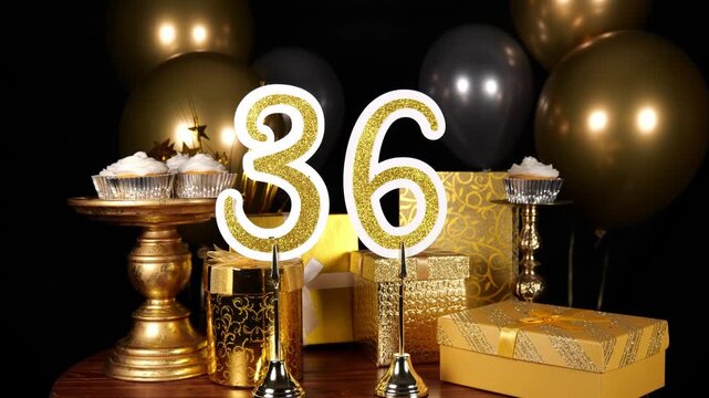 Gold Number 36 with Gold Glitter Sparkles with Gifts and Balloons and Cupcakes for Party Thirty Six
