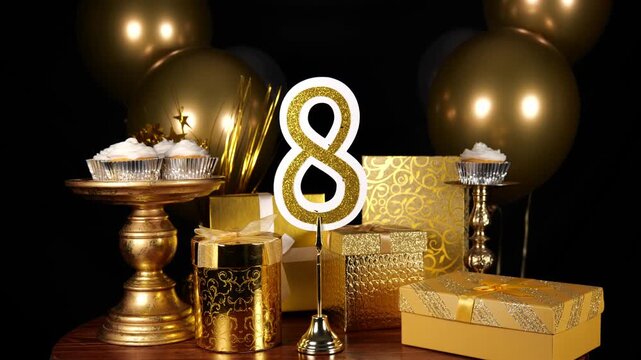 Gold Number 8 with Gold Glitter Sparkles with Gifts and Balloons and Cupcakes for Party Eight