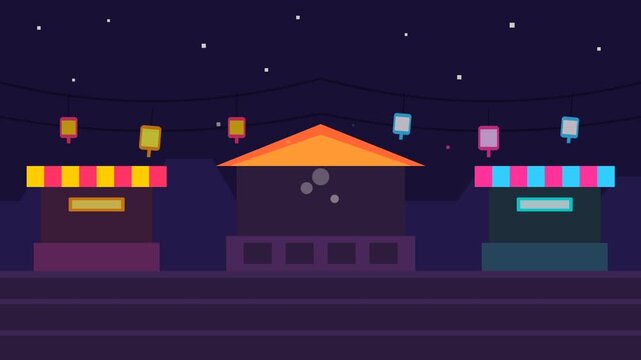 Animated night town pixel art storefronts with neon lights.