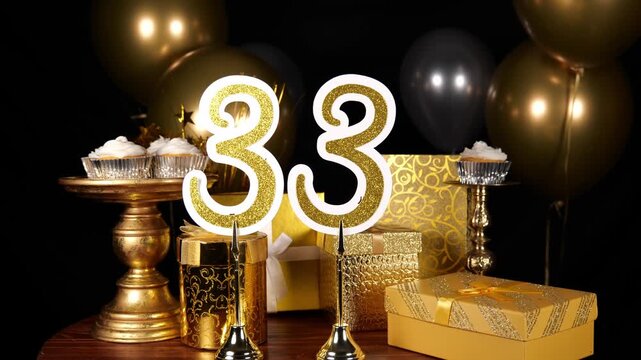 Gold Number 33 with Gold Glitter Sparkles with Gifts and Balloons and Cupcakes for Party Thirty Three