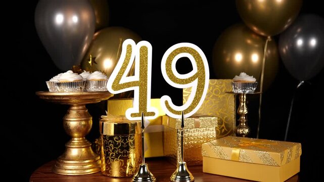 Gold Number 49 with Gold Glitter Sparkles with Gifts and Balloons and Cupcakes for Party Forty Nine