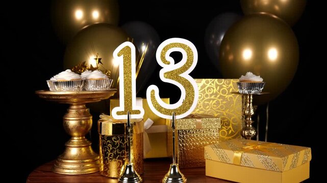 Gold Number 13 with Gold Glitter Sparkles with Gifts and Balloons and Cupcakes for Party Thirteen