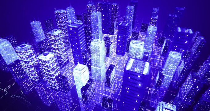 Digital technology skyline with wireframe buildings transmitting virtual data across network. Technology related 3D animation.