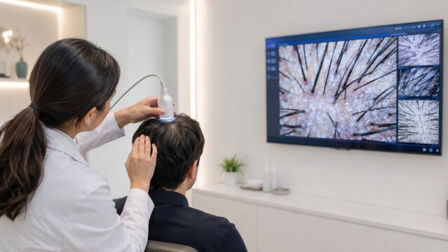 Female doctor performing scalp examination using digital microscope with patient in clinic