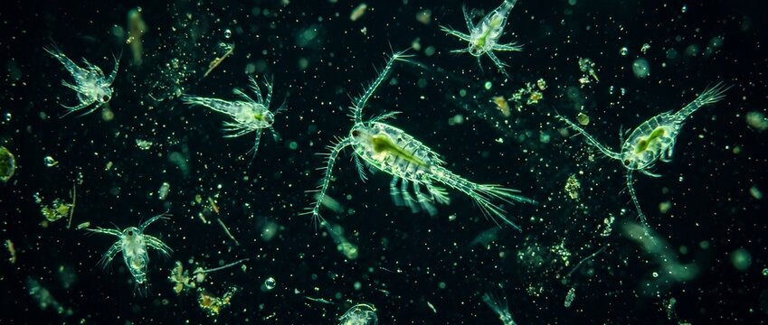 Microscopic view of copepod plankton organisms swimming in dark ocean water displays intricate anatomy for marine biology research studies