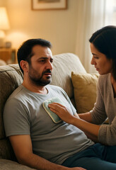 Obraz premium Middle eastern man using heat pad for chest pain relief at home