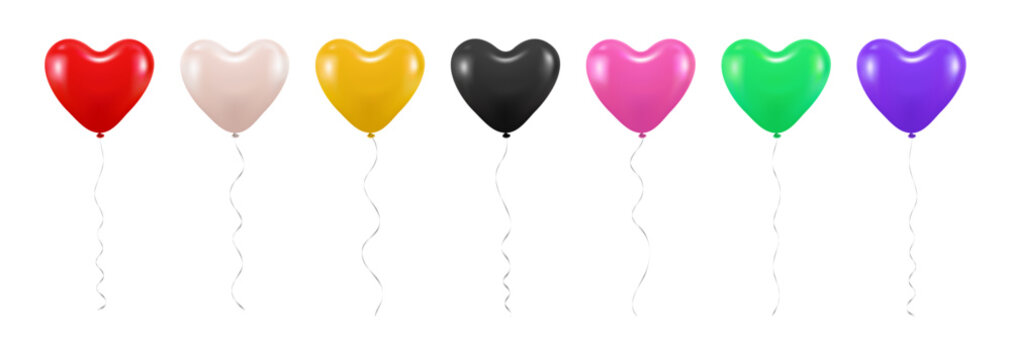 Set of vector realistic heart shaped flying party balloons in various colors
