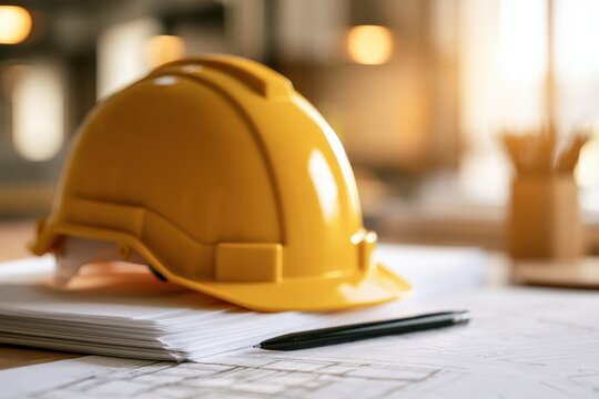 Yellow hard hat sits on stack of white documentation papers. Premium fountain pen lies on blueprint draft inside office. Clean workspace for construction compliance audits and project estimation.