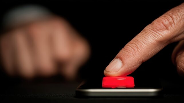 A close-up of a finger pressing a glowing red emergency SOS button on a smartphone. Dramatic lighting creates a sense of urgency and immediate danger.