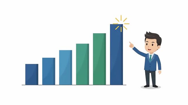 Animated Businessman Explaining Business Growth and Success Bar Chart Presentation
