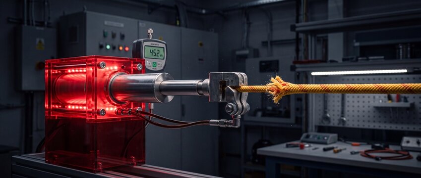 Industrial tensile testing machine pulls yellow synthetic climbing rope to its breaking point under red warning light in laboratory