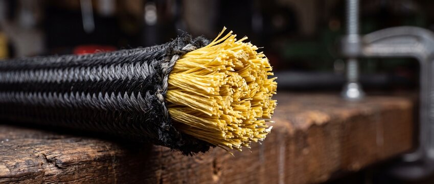 Braided black carbon fiber sleeve cut open to expose dense yellow aramid core fibers on rustic wooden workshop workbench