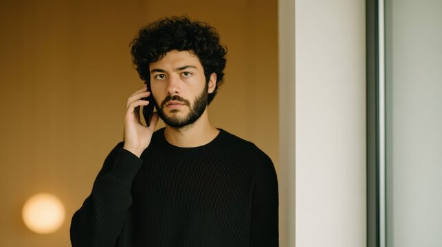 A worried man urgently makes an emergency call on his smartphone in a dimly lit home. Dramatic lighting and a tense expression emphasize the seriousness of the situation.